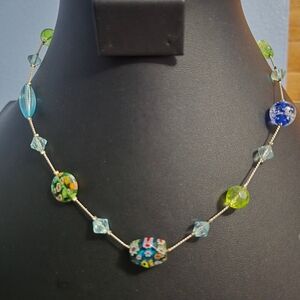 Robert Rose Millefiori Glass Blue & Green Beaded Silver-Toned Necklace